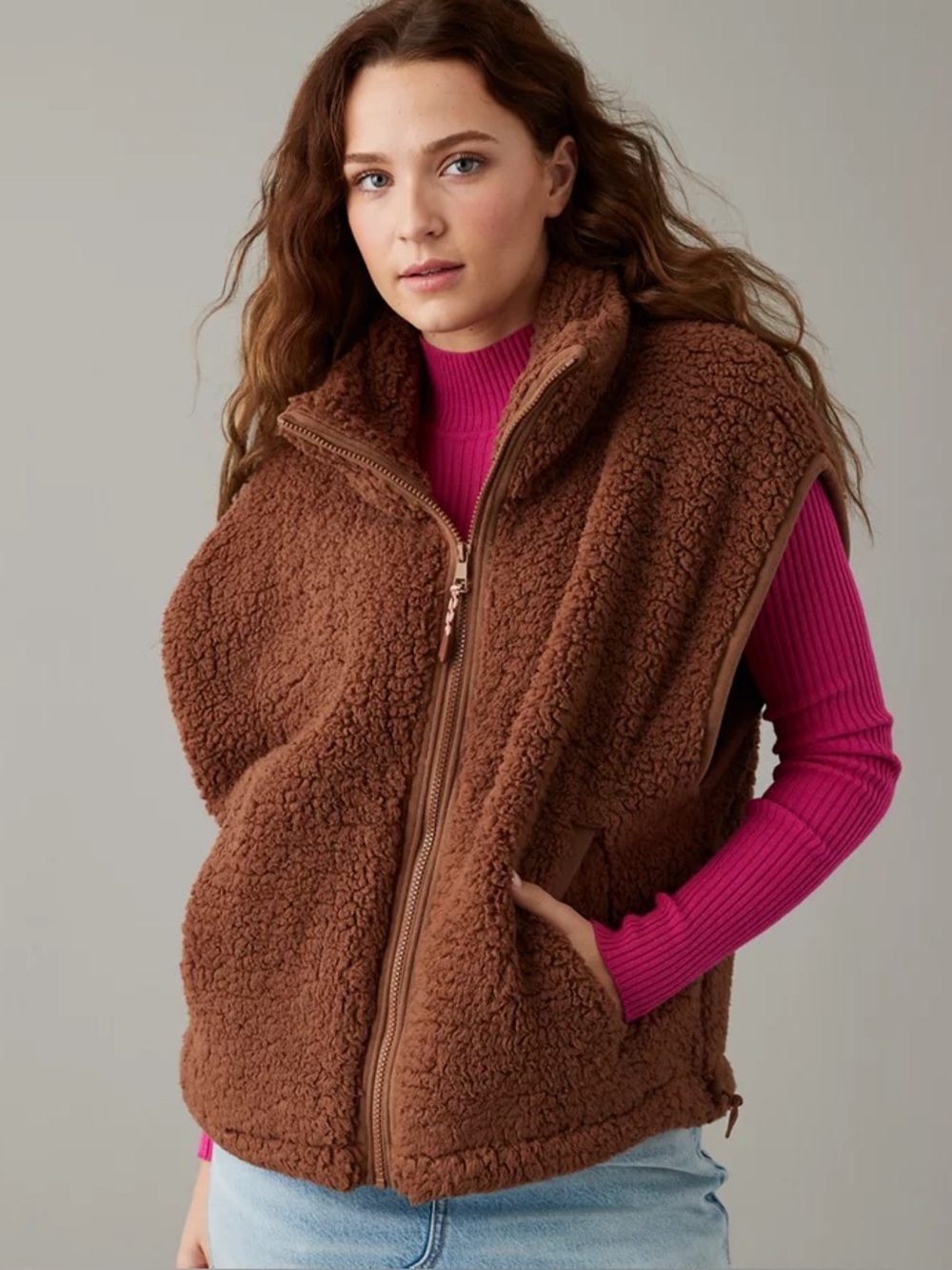 American Eagle Sherpa Vest Womens Medium Brown New Sleeveless Full Zip oversized